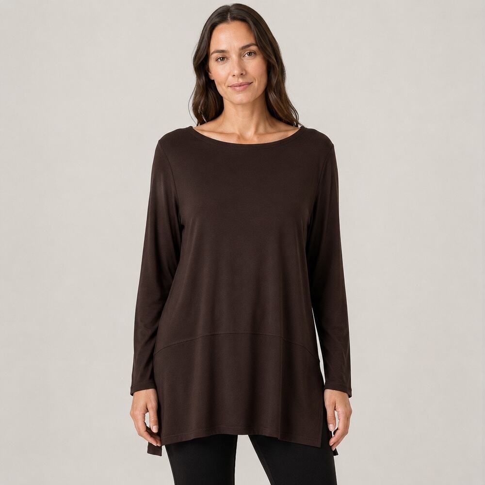 Eileen Fisher Brown Viscose Jersey Tunic Top XL Minimalist Luxe Soft Stretch